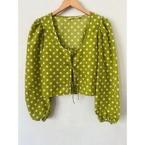Levis Womens Green‎ Floral Daisy Tie Front Puff Sleeve Crop Top Blouse Small